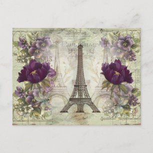 Vintage Eiffel Tower Paris France with Flowers  Postcard