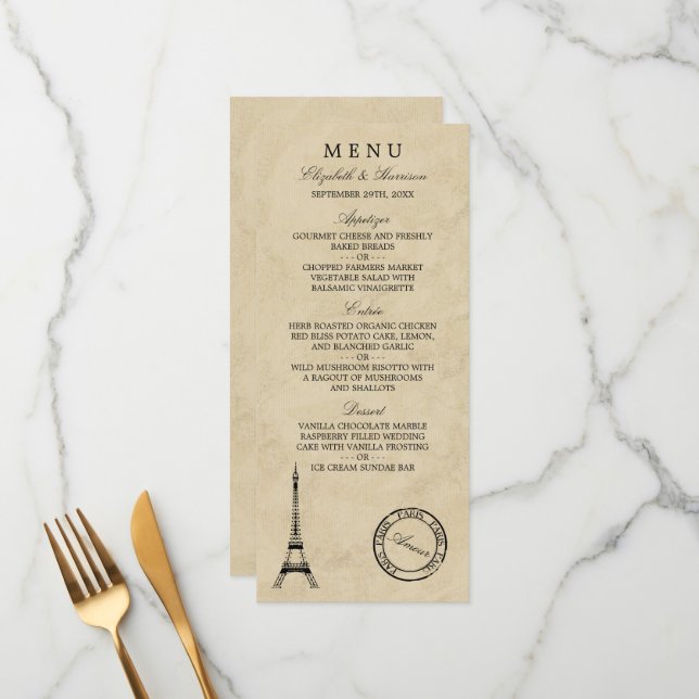 Vintage Eiffel Tower Paris Postmark Wedding Menu (Front/Back In Situ)