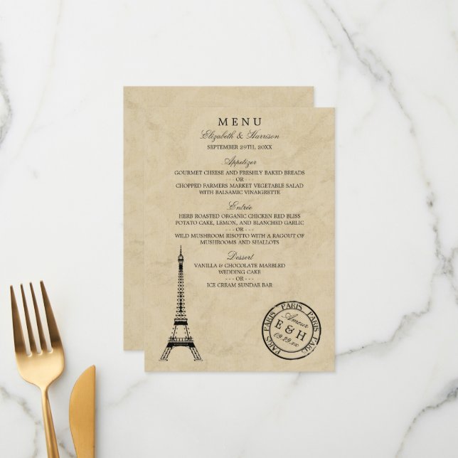 Vintage Eiffel Tower Paris Postmark Wedding Menu (Front/Back In Situ)