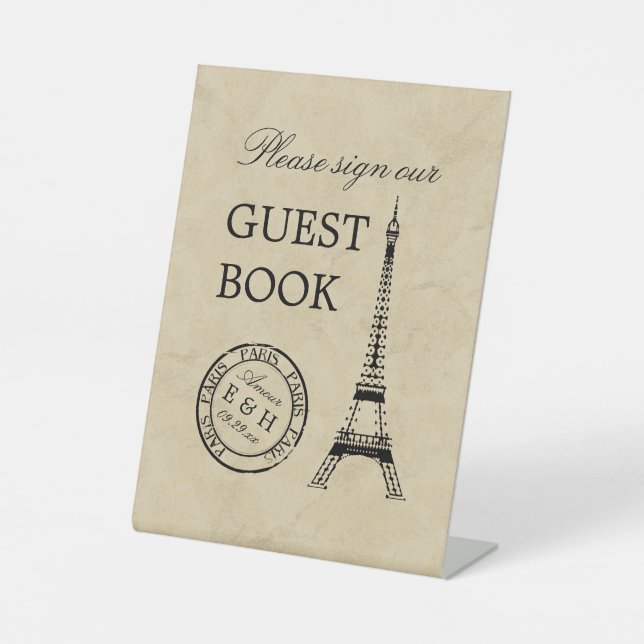 Vintage Eiffel Tower Paris Postmark Wedding Pedestal Sign (Front)
