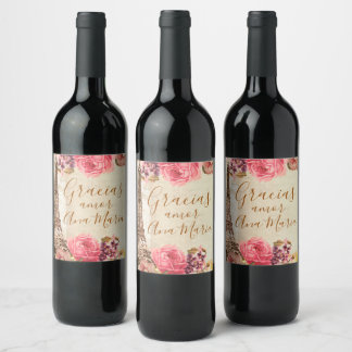 Vintage Eiffel Tower Shabby chic floral Roses Pink Wine Label