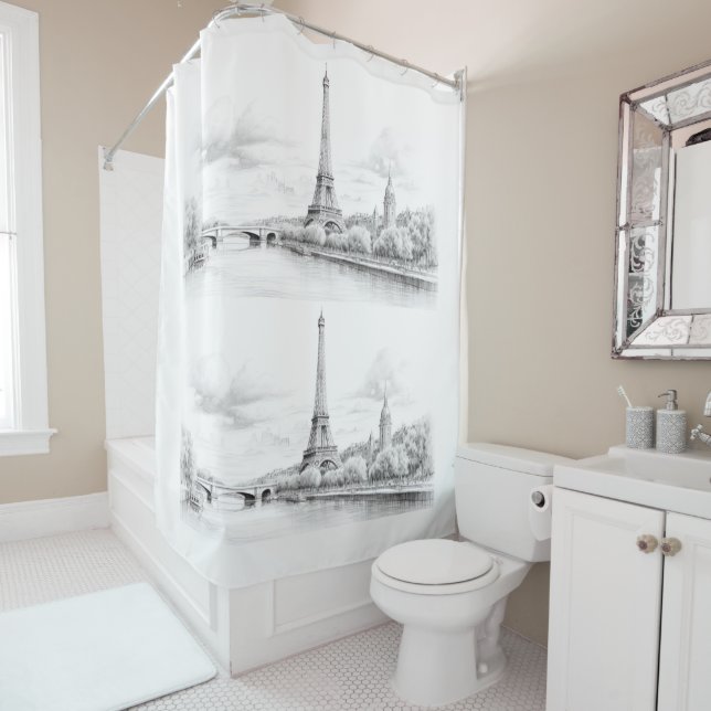 Vintage Eiffel tower, sketch Design Shower Curtain (In Situ)