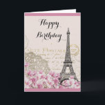 Vintage Eiffel Tower with Pink flowers Birthday Card<br><div class="desc">A whimsical vintage collage which has an old french postcard background with an eiffel tower sketch and some pink and white wildflowers bordering the bottom. Fancy swirly embellishments decorate the sides. Happy Birthday written in a fancy handwritten font. Customise the message inside or leave as is. The message says: Wishing...</div>