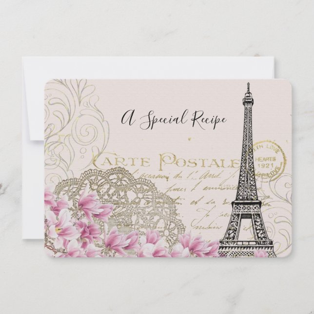 Vintage Eiffel Tower with Pink Flowers Recipe Card (Front)