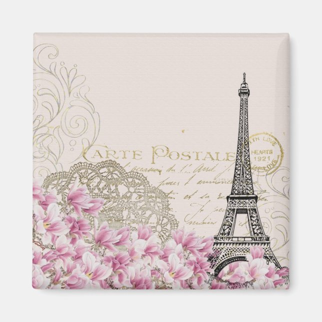 Vintage Eiffel Tower with Pink WildFlowers Magnet (Front)