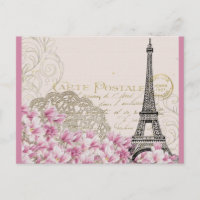Vintage Eiffel Tower with Pink WIldflowers
