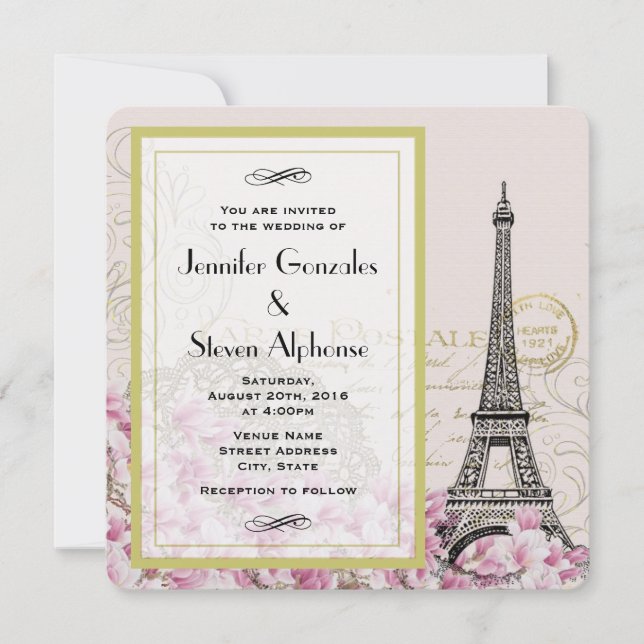 Vintage Eiffel Tower with Pink Wildflowers Wedding Invitation (Front)