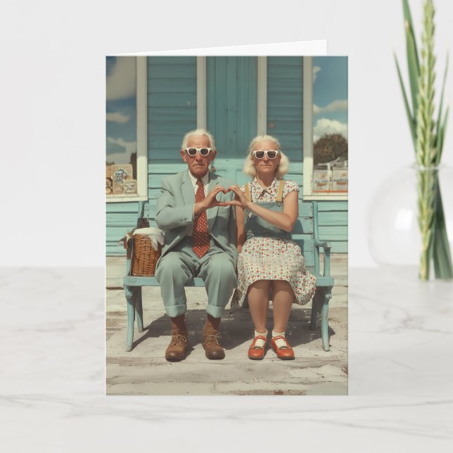 Vintage Elderly Couple Making Heart Gesture Card (Front)