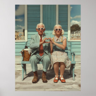 Vintage Elderly Couple Making Heart Gesture Poster