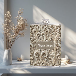 Vintage Elegance Baroque Swirl Grandeur Soft Ivory Hip Flask