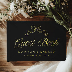 Vintage Elegance Black and Gold Bow Photo Wedding Guest Book