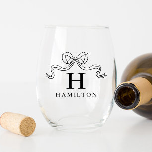 Vintage Elegance Black Bow Wedding Monogram Stemless Wine Glass