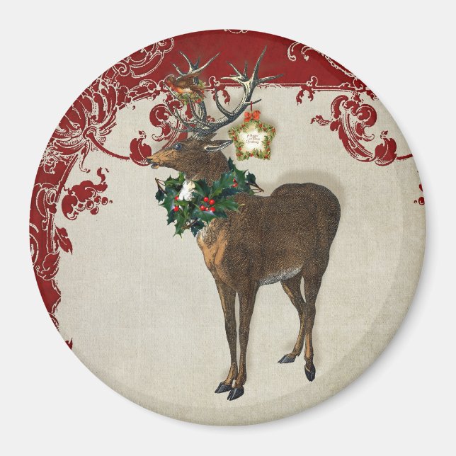 Vintage Elegance Christmas Deer Antlers Damask Magnet (Front)