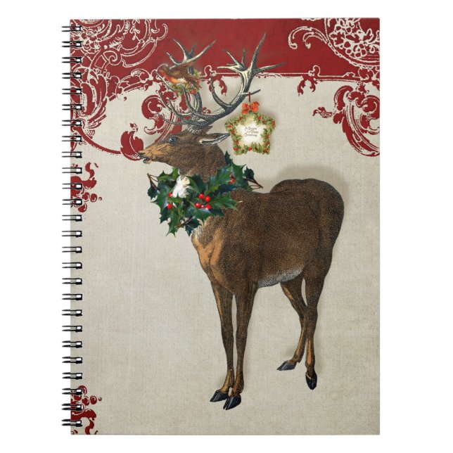 Vintage Elegance Christmas Deer Antlers Damask Spiral Notebook (Front)