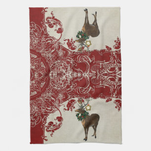 Vintage Elegance Christmas Deer Antlers Damask Tea Towel
