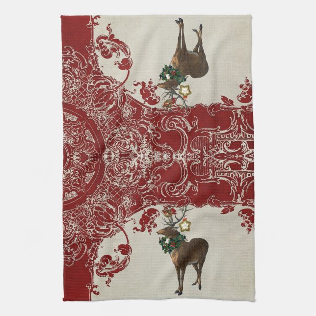 Vintage Elegance Christmas Deer Antlers Damask Tea Towel (Vertical)
