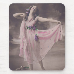 Vintage Elegance in Pink Floral Dress Mouse Pad