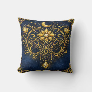 Vintage Elegance Mystical Gold Celestial Floral Cushion