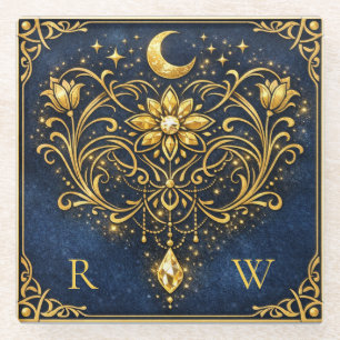 Vintage Elegance Mystical Gold Celestial Monogram Glass Coaster