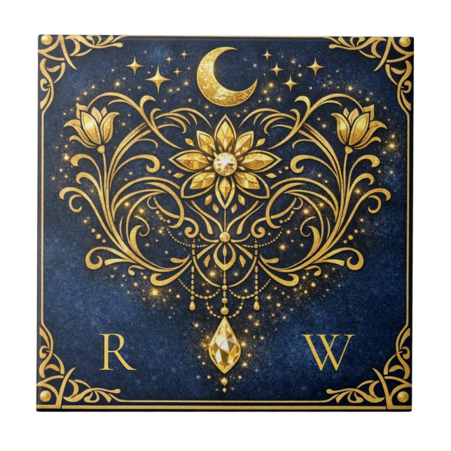 Vintage Elegance Mystical Gold Celestial Monogram  Tile (Front)