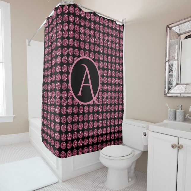 Vintage Elegance Pink Diamond Gem Pattern Monogram Shower Curtain (In Situ)