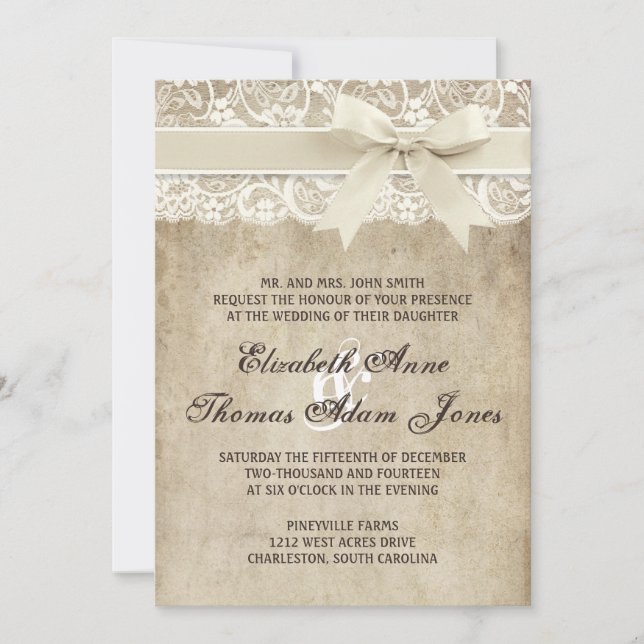 Vintage Elegance Ribbon on Lace Wedding Invitation (Front)