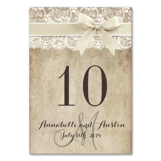 Vintage Elegance Ribbon on Lace Wedding Table Card (Front)