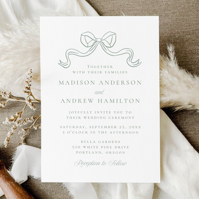 Vintage Elegance Sage Green Bow Wedding Invitation (Creator Uploaded)