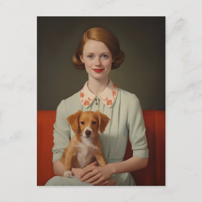 Vintage Elegance: Woman with Puppy in Pastel Postcard (Front)