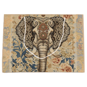 Vintage Elegant, Antique Elephant,Peach Blue Beigi Large Gift Bag
