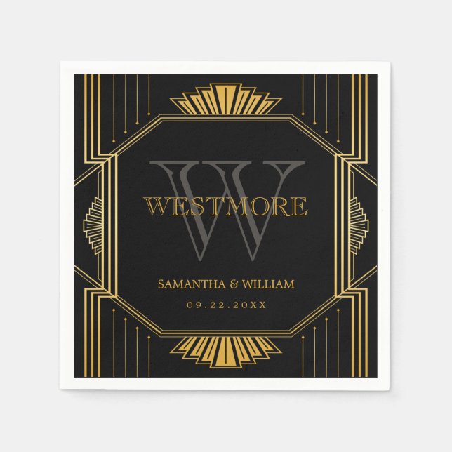 Vintage Elegant Art Deco Black Gold Wedding Napkin (Front)