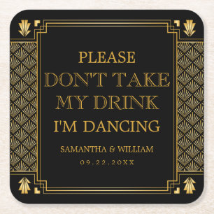 Vintage Elegant Art Deco Black Gold Wedding  Square Paper Coaster