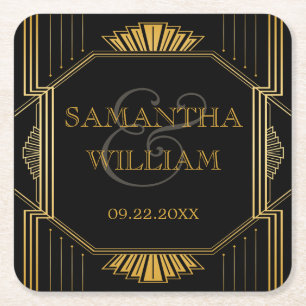 Vintage Elegant Art Deco Black Gold Wedding Square Paper Coaster