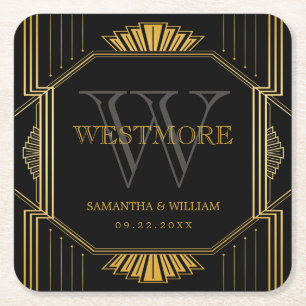 Vintage Elegant Art Deco Black Gold Wedding Square Paper Coaster