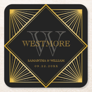 Vintage Elegant Art Deco Black Gold Wedding Square Paper Coaster