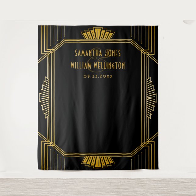 Vintage Elegant Art Deco Black Gold Wedding Tapestry (Front)