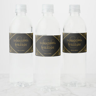 Vintage Elegant Art Deco Black Gold Wedding Water Bottle Label