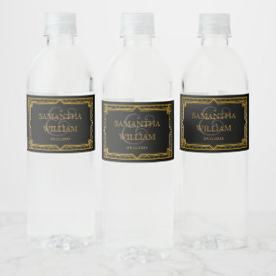 Vintage Elegant Art Deco Black Gold Wedding Water  Bottle Label
