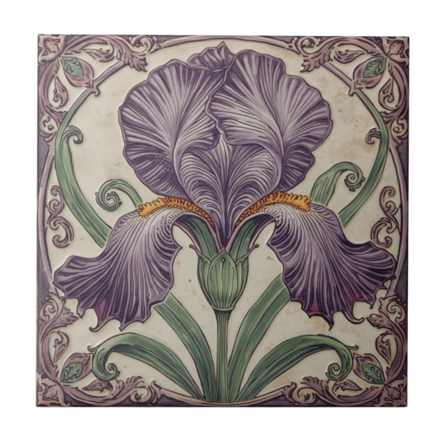 Vintage Elegant Art Nouveau purple Iris Bloom  Tile (Front)