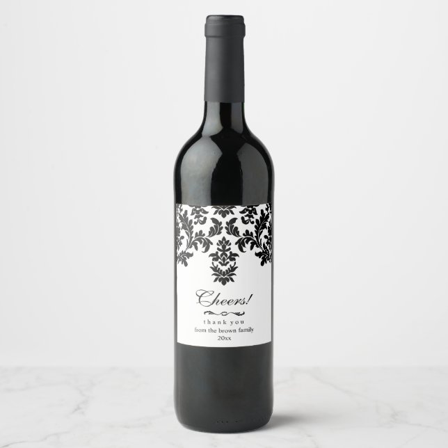 Vintage, Elegant Black Damask Wine Label (Front)