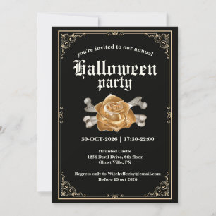 Vintage Elegant Black Golden Rose Halloween Party Invitation