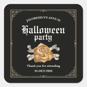 Vintage Elegant Black Golden Rose Halloween Party Square Sticker