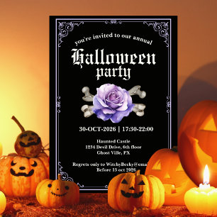 Vintage Elegant Black Purple Rose Halloween Party Invitation