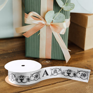 Vintage Elegant Black White Floral And Monogram Satin Ribbon