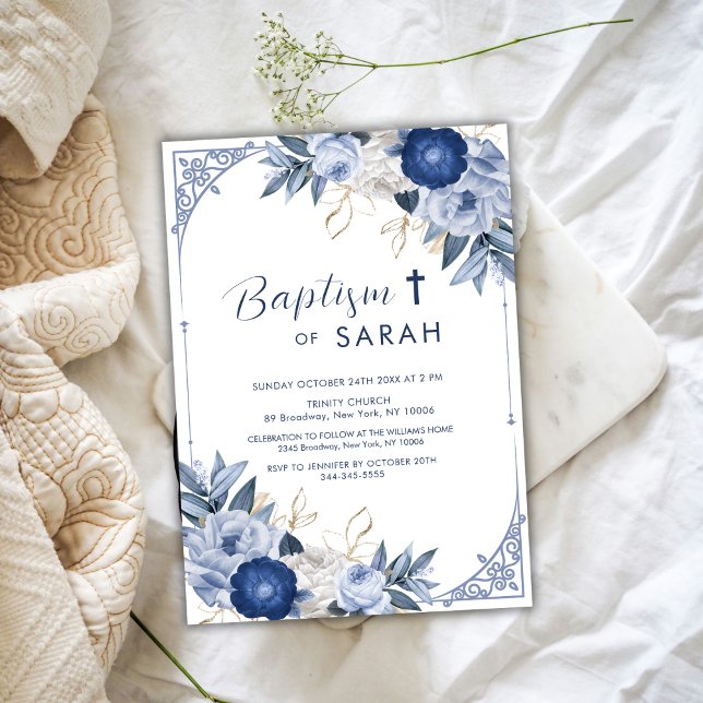 Vintage Elegant Blue Flower Frame Cross Baptism Invitation (Vintage Elegant Blue Flower Frame Cross Baptism Invitation)