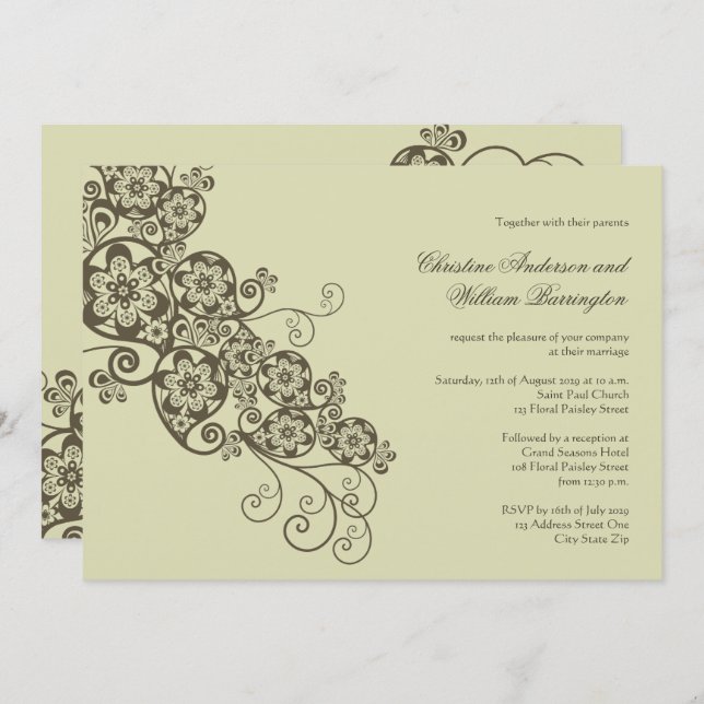 Vintage Elegant Boho Floral Paisley Wedding Invite (Front/Back)