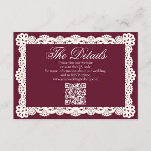 Vintage Elegant Burgundy Lace Wedding Website QR Enclosure Card
