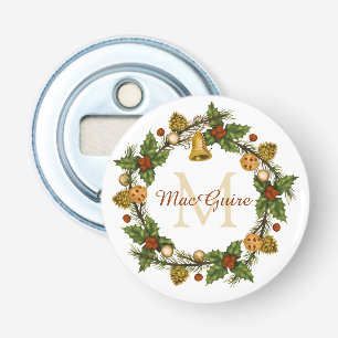 Vintage Elegant Christmas Wreath Monogram Initial Bottle Opener
