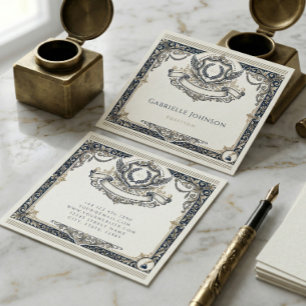 Vintage Elegant Crest Monogram Initials Luxury Square Business Card
