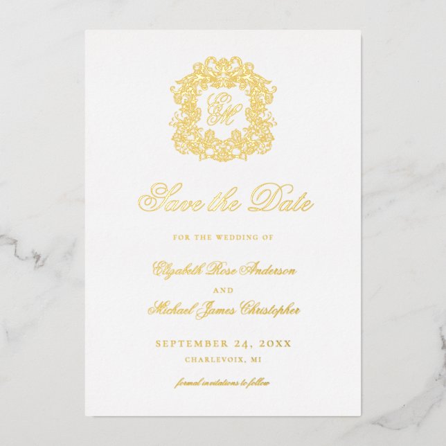Vintage Elegant Crest Monogram Save the Date Gold (Front)
